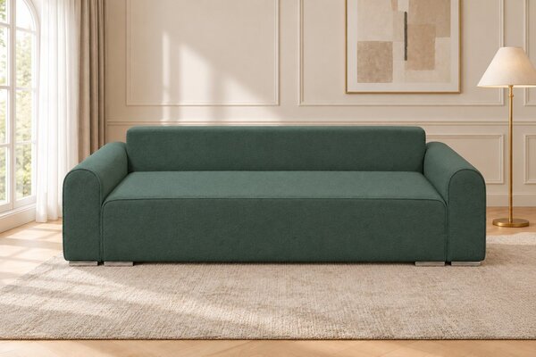 Canapea extensibilă Fiorella din boucle, verde salvie, cu ladă de depozitare