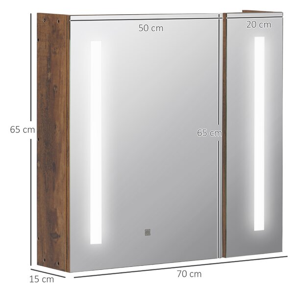 Kleankin Oglindă de Baie cu Lumini LED Reglabile, Dulap de Baie cu 2 Uși cu Oglindă și Raft Reglabil, 70x15x65 cm, Maro | Aosom Romania