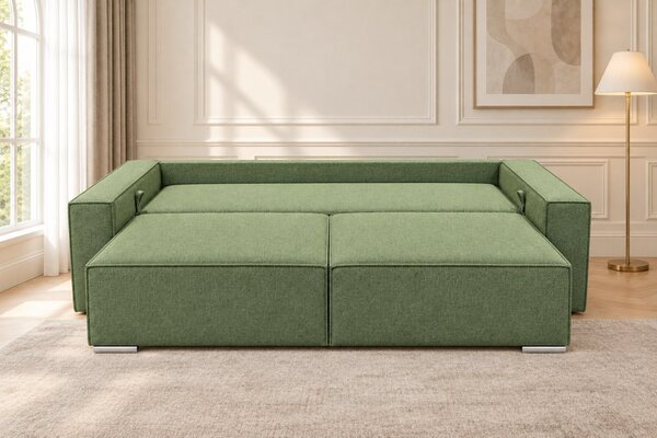 Canapea extensibilă Tessa din stofă, verde salvie, cu ladă de depozitare