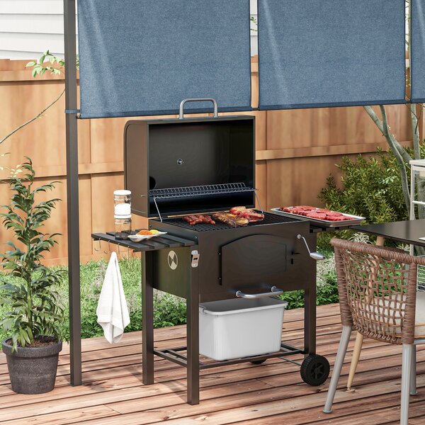 Outsunny Charcoal BBQ Grill and Smoker Combo w/ Adjustable Height, Folding Shelves, Thermometer, and Wheels | Aosom Romania