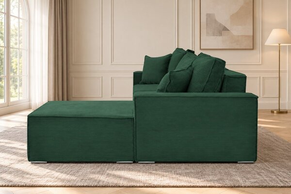 Colțar extensibil Livia din catifea reiată, verde, colț pe dreapta, cu ladă de depozitare