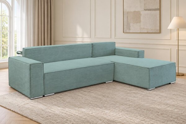 Colțar extensibil Livia Mini din catifea reiată, verde marin, colț pe dreapta, cu ladă de depozitare