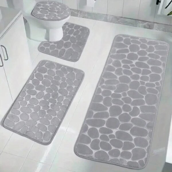Set 4 covorașe de baie gri cu model de pietre, 120 × 50 cm și 80 × 50 cm