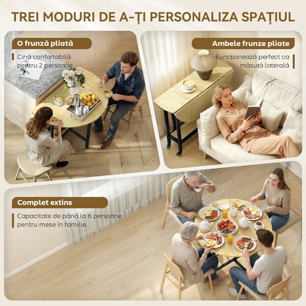HOMCOM Masă Pliabilă pentru Dining, Masă de Bucătărie cu Roți pentru 2-4 Persoane, 100x100x75 cm, Stejar | Aosom Romania