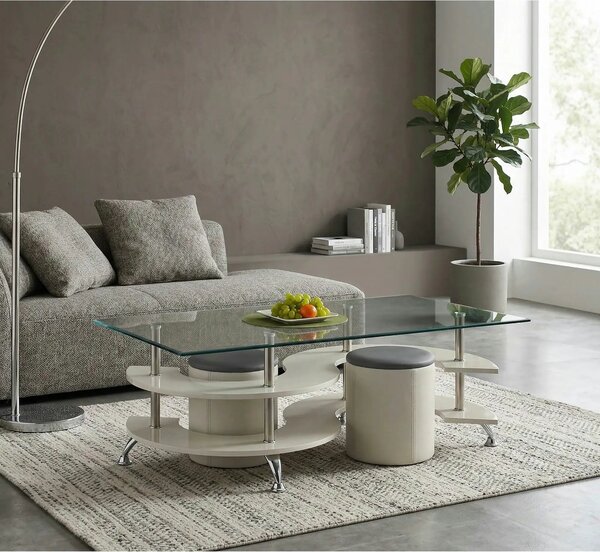 Set masa cafea cu tabureti NINA 5, transparent/crom, 130x70x42 cm