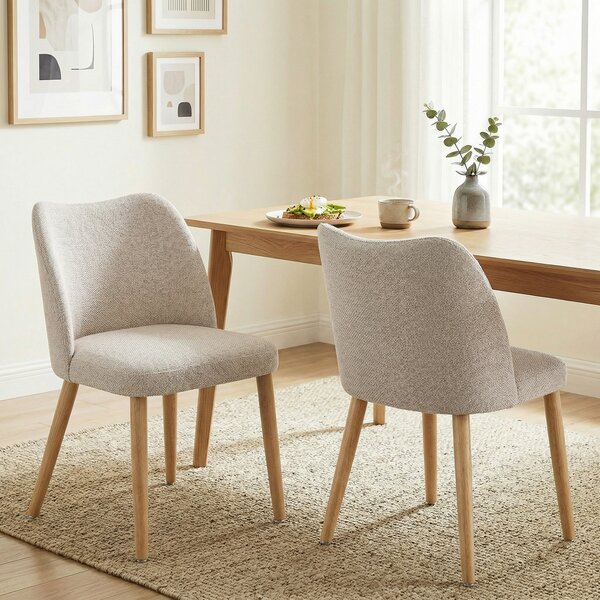 HOMCOM Set de 2 Scaune de Masă Moderne, Scaune de Bucătărie cu Tapițerie din In, Șezut Imbătut, Spătar Curbat, Picioare din Lemn de Cauciuc, Ușor de Asamblat, Alb Crem | Aosom Romania