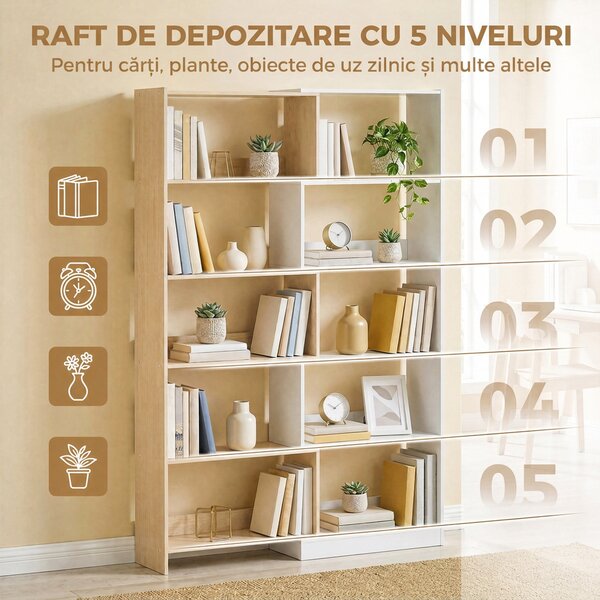HOMCOM Bibliotecă de Colț cu 5 Polițe, Design Rotativ 350°, Lemn/Alb | Aosom Romania