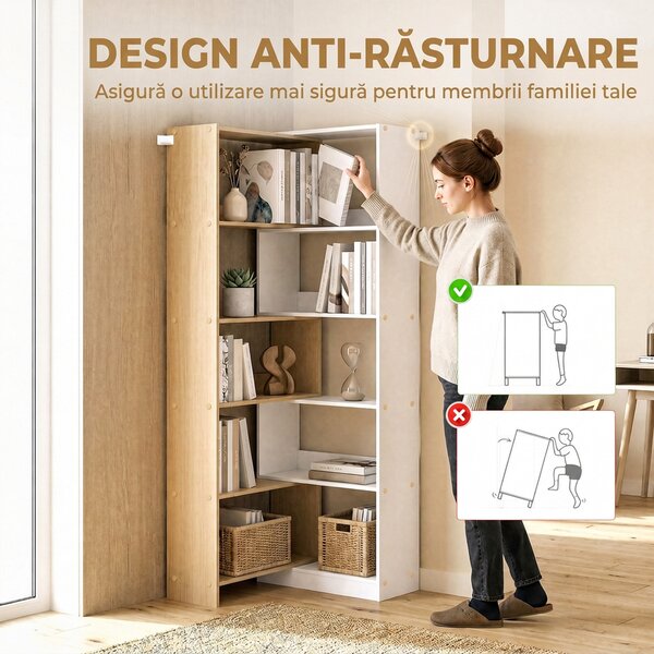 HOMCOM Bibliotecă de Colț cu 5 Polițe, Design Rotativ 350°, Lemn/Alb | Aosom Romania
