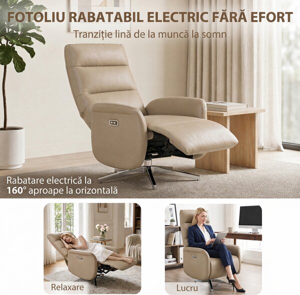 HOMCOM Fotoliu Electric Reclinabil și Rotativ cu Suport pentru Picioare, USB, Maro | Aosom Romania