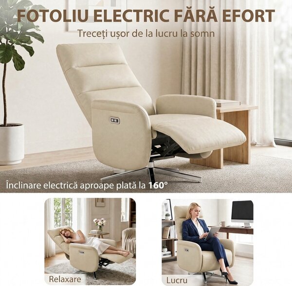 HOMCOM Fotoliu Reclinabil Electric, Rotativ, cu Suport pentru Picioare, USB, Bej | Aosom Romania