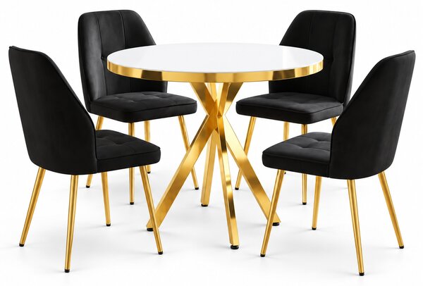 Set Masă Bucatarie Rotundă Tania X Alb Gold cu 4 Scaune Elira Negre, Blat PAL, Picioare Aurii, Ø90 × 75 cm