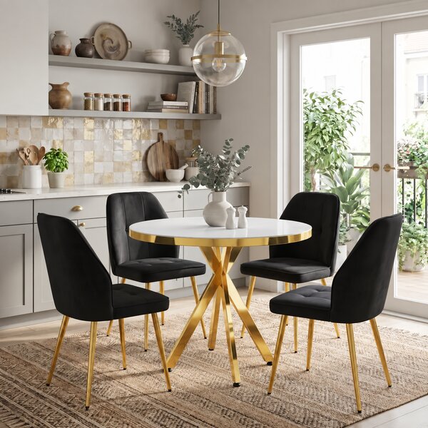 Set Masă Bucatarie Rotundă Tania X Alb Gold cu 4 Scaune Elira Negre, Blat PAL, Picioare Aurii, Ø90 × 75 cm