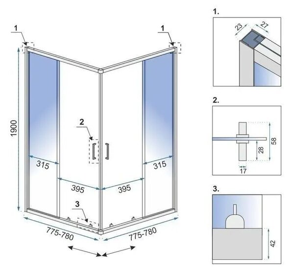 Rea City, cabină de duș cu uși glisante 80x80cm, sticlă transparentă 5/4mm, profil mat cupră, REA-K6982