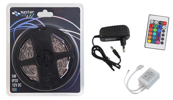 Kit banda LED RGB interior 12V, 9-10lm/LED, lungime 5 m, alimentare priza, IP20
