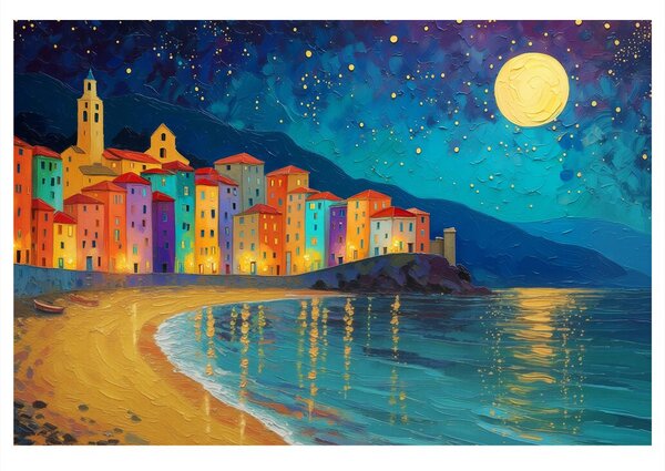 Tablou oraș nocturn la malul mării