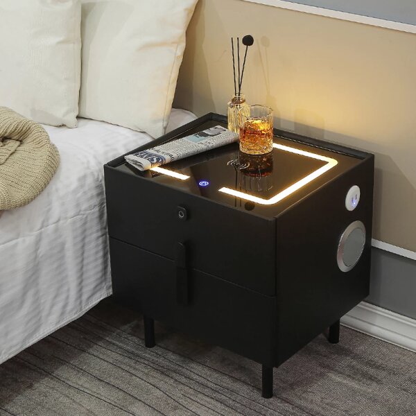 Noptieră inteligentă multifuncțională, 2 sertare cu maner, blocare cu amprentă, LED-uri tactile, 3 tipuri de culoare, încărcare fără fir, Difuzor Bluetooth, incarcare USB, sticla securizata, Negru
