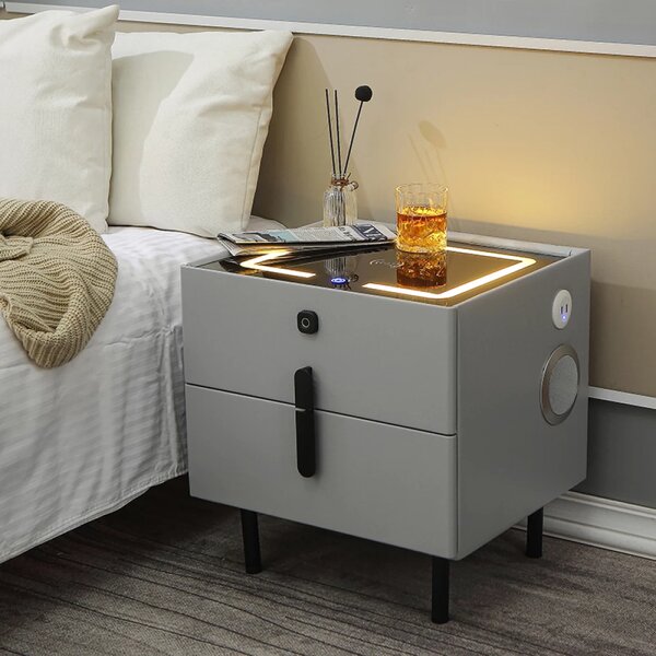 Noptieră inteligentă multifuncțională, 2 sertare cu maner, blocare cu amprentă, LED-uri tactile, 3 tipuri de culoare, încărcare fără fir, Difuzor Bluetooth, incarcare USB, sticla securizata, Gri