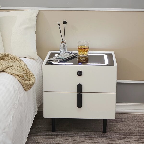 Noptieră inteligentă multifuncțională, 2 sertare cu maner, blocare cu amprentă, LED-uri tactile, 3 tipuri de culoare, încărcare fără fir, Difuzor Bluetooth, incarcare USB, sticla securizata, Alb/Negru
