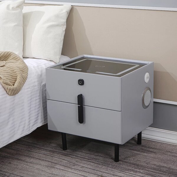 Noptieră inteligentă multifuncțională, 2 sertare cu maner, blocare cu amprentă, LED-uri tactile, 3 tipuri de culoare, încărcare fără fir, Difuzor Bluetooth, incarcare USB, sticla securizata, Gri