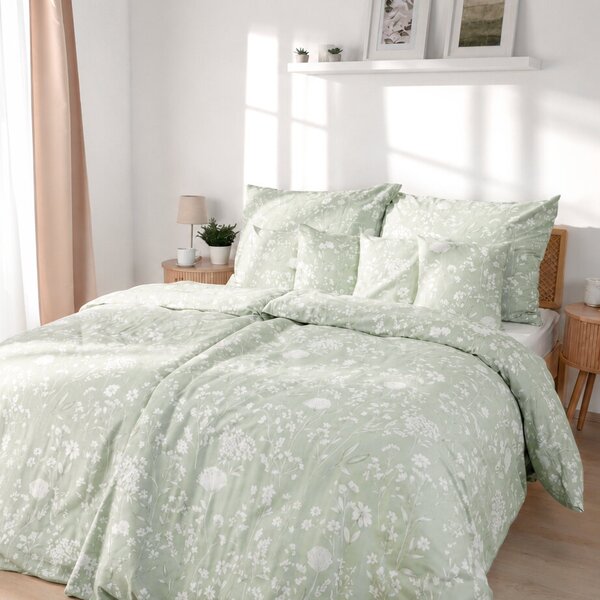 Goldea lenjerie de pat din bumbac satinat - flori de câmp pe verde-salvie 150 x 200 și 50 x 60 cm