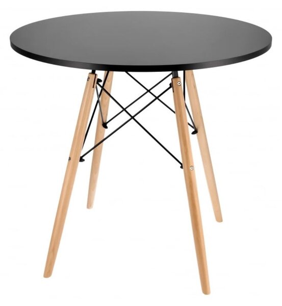 Masă rotundă Jumi, model scandinav, 80x80 cm, din MDF negru, cu picioare din lemn masiv