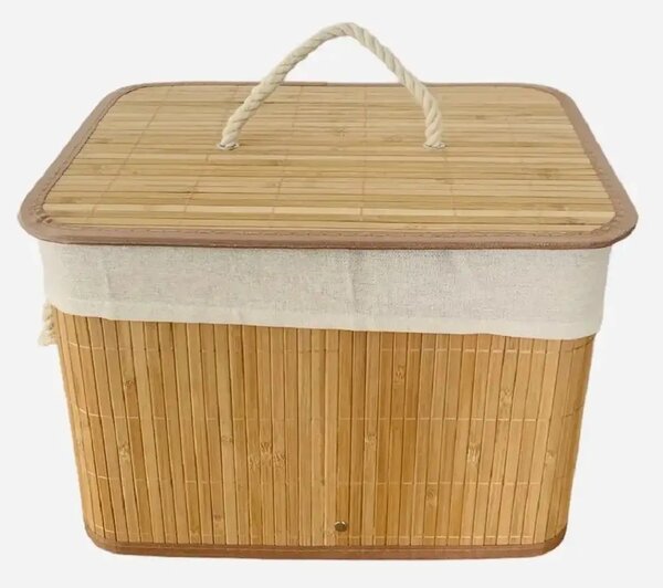 Coș de depozitare cu capac din bambus, elegant și practic, cu interior textil