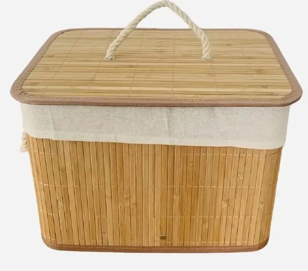 Coș de depozitare cu capac din bambus, elegant și practic, cu interior textil