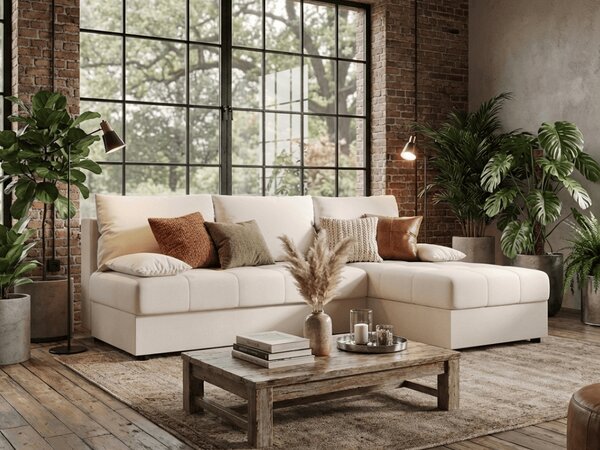 Coltar extensibil de colt VENORIA SLIM, crem, reversibil, 200x143 cm + 2 perne GRATUIT