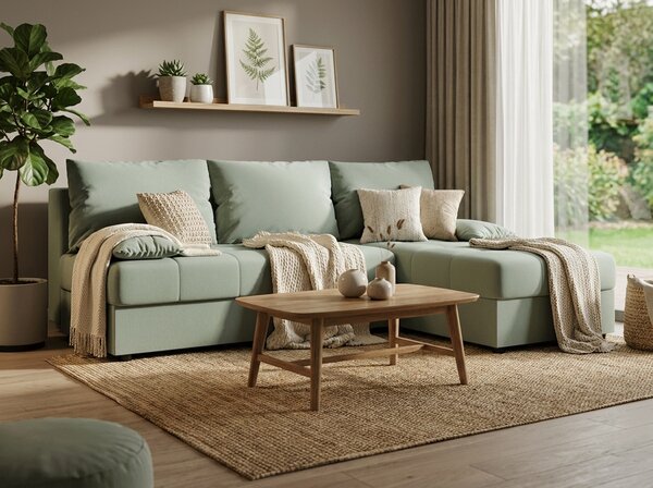 Coltar extensibil de colt VENORIA SLIM, verde deschis, reversibil, 200x143 cm + 2 perne GRATUIT