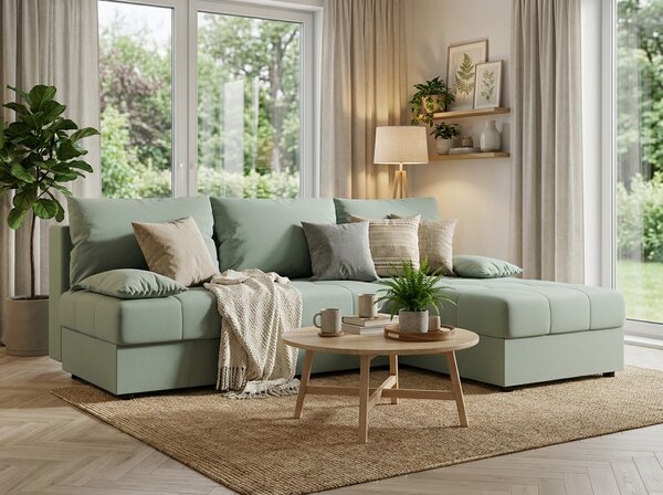 Coltar extensibil de colt VENORIA SLIM, verde deschis, reversibil, 200x143 cm + 2 perne GRATUIT