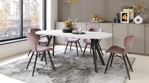 Mazzoni ALMO Alb Mat/picioare negre - MASĂ ROTUNDĂ EXTENSIBILĂ CU PICIOARE ÎN FORMĂ DE Y STIL LOFT PENTRU SALON/SUFRAGERIE