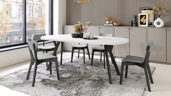 Mazzoni ALMO Alb Mat/picioare negre - MASĂ ROTUNDĂ EXTENSIBILĂ CU PICIOARE ÎN FORMĂ DE Y STIL LOFT PENTRU SALON/SUFRAGERIE