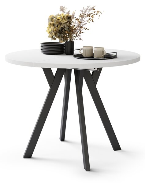 Mazzoni ALMO Alb Mat/picioare negre - MASĂ ROTUNDĂ EXTENSIBILĂ CU PICIOARE ÎN FORMĂ DE Y STIL LOFT PENTRU SALON/SUFRAGERIE