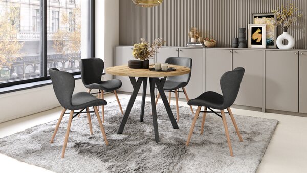 Mazzoni ALMO Stejar Artisan/picioare negre - MASĂ ROTUNDĂ EXTENSIBILĂ CU PICIOARE ÎN FORMĂ DE Y STIL LOFT PENTRU SALON/SUFRAGERIE