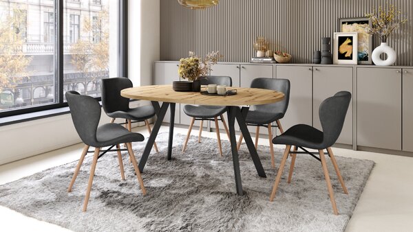 Mazzoni ALMO Stejar Artisan/picioare negre - MASĂ ROTUNDĂ EXTENSIBILĂ CU PICIOARE ÎN FORMĂ DE Y STIL LOFT PENTRU SALON/SUFRAGERIE