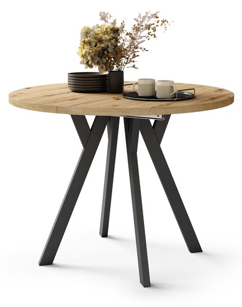 Mazzoni ALMO Stejar Artisan/picioare negre - MASĂ ROTUNDĂ EXTENSIBILĂ CU PICIOARE ÎN FORMĂ DE Y STIL LOFT PENTRU SALON/SUFRAGERIE
