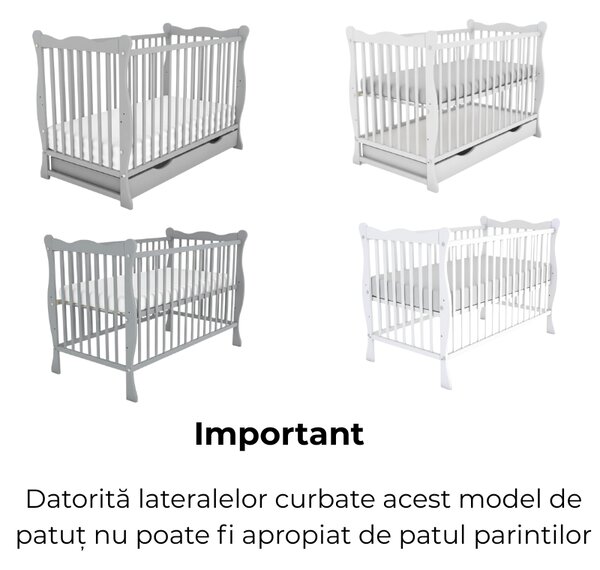 Patut din lemn masiv 120x60 cm Kidizi Isla alb si saltea cocos LUX 120x60x12 cm,reglabil pe 3 nivele, certificat EN71
