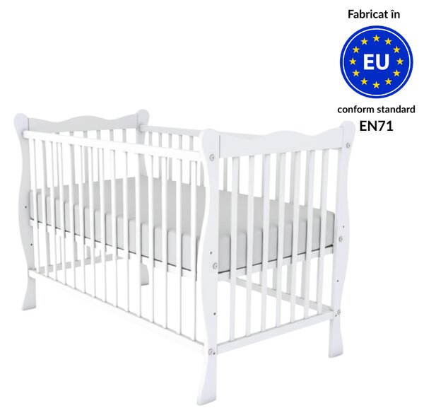 Patut din lemn masiv 120x60 cm Kidizi Isla alb si saltea cocos LUX 120x60x12 cm,reglabil pe 3 nivele, certificat EN71
