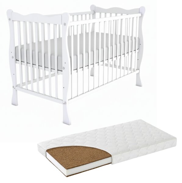 Patut din lemn masiv 120x60 cm Kidizi Isla alb si saltea cocos LUX 120x60x12 cm,reglabil pe 3 nivele, certificat EN71