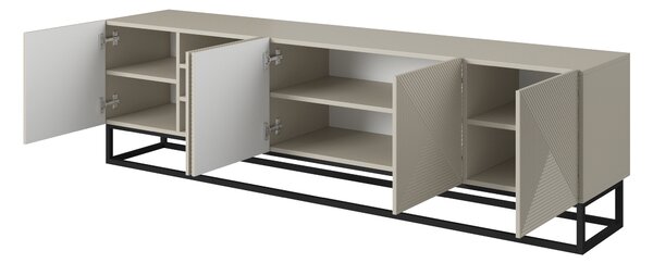 Comodă TV Asha 200 cm cu partea frontală striat și cadru metalic negru – bej cashmere