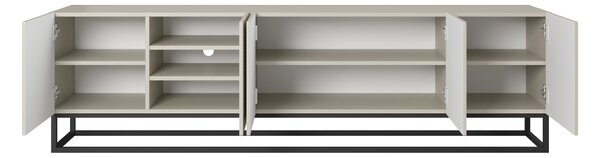 Comodă TV Asha 200 cm cu partea frontală striat și cadru metalic negru – bej cashmere