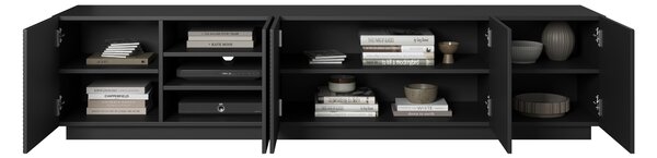 Comodă TV Asha 200 cm, cu 5 uși și fronturi riflate – negru mat