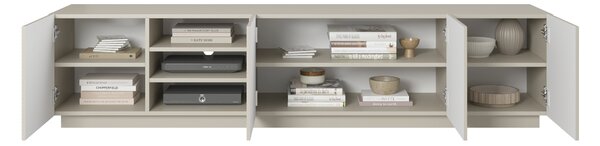 Comodă TV Asha 200 cm cu partea frontală canelat și nișă – bej cashmere
