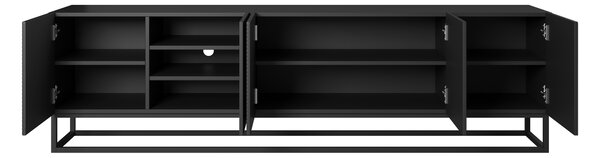Comodă TV cu fronturi striate Asha 200 cm cu cadru metalic - negru mat