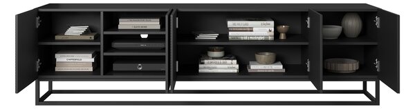 Comodă TV cu fronturi striate Asha 200 cm cu cadru metalic - negru mat
