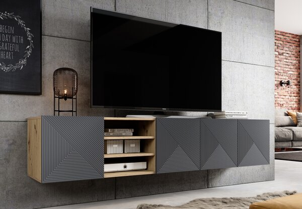 Dulap TV suspendată Asha 200 cm, partea frontală riflat și nișă – stejar artisan / rivier stone mat