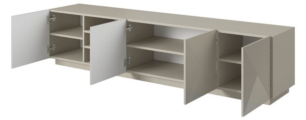 Comodă TV Asha 200 cm cu partea frontală canelat și nișă – bej cashmere
