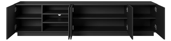 Comodă TV Asha 200 cm, cu 5 uși și fronturi riflate – negru mat