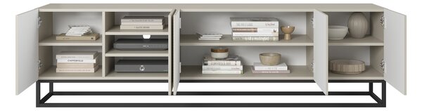 Comodă TV Asha 200 cm cu partea frontală striat și cadru metalic negru – bej cashmere