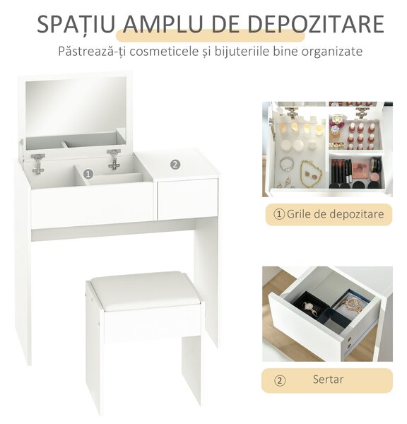 HOMCOM Set Mobilier pentru Toaletă cu Oglindă, Taburet și Sertar, Design Elegant, Masa Consola Alb | Aosom Romania